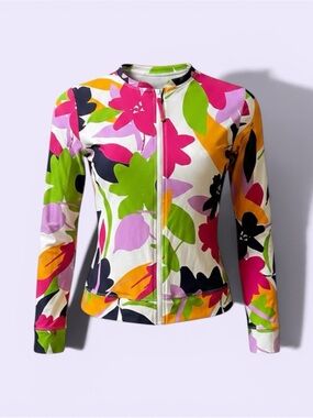 #194, Anne Cole Floral Zip-Front Jacket in Pink, Green, Yellow and Black, size L